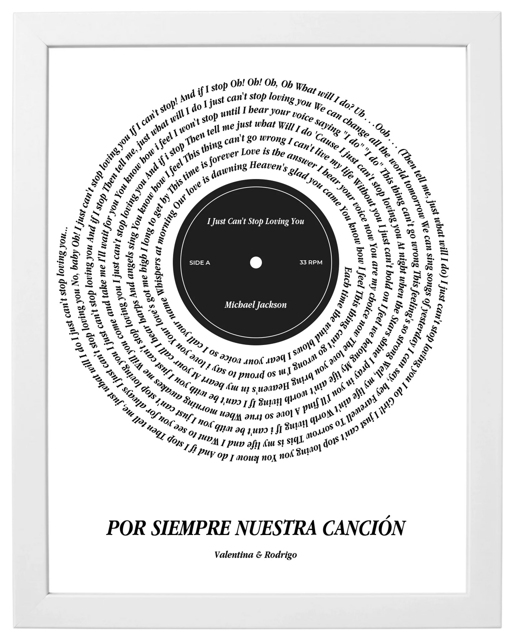 Lado A, cuadro de canción estilo vinilo con marco blanco
