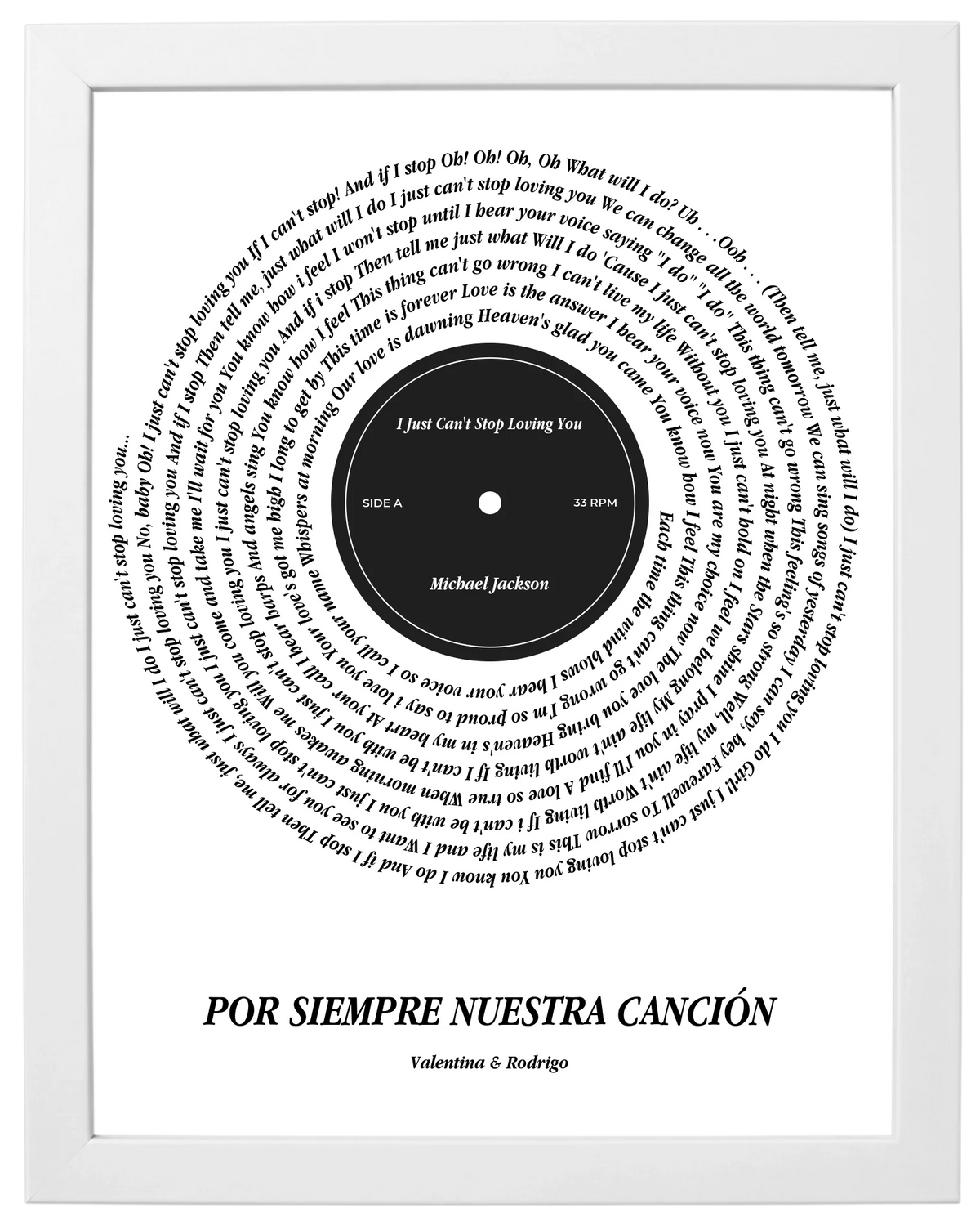 Lado A, cuadro de canción estilo vinilo con marco blanco