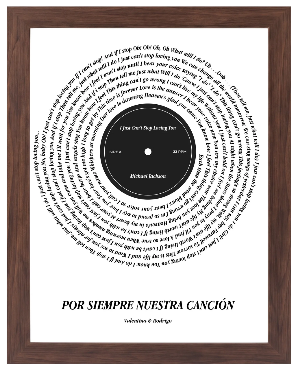 Lado A, cuadro de canción estilo vinilo con marco nogal