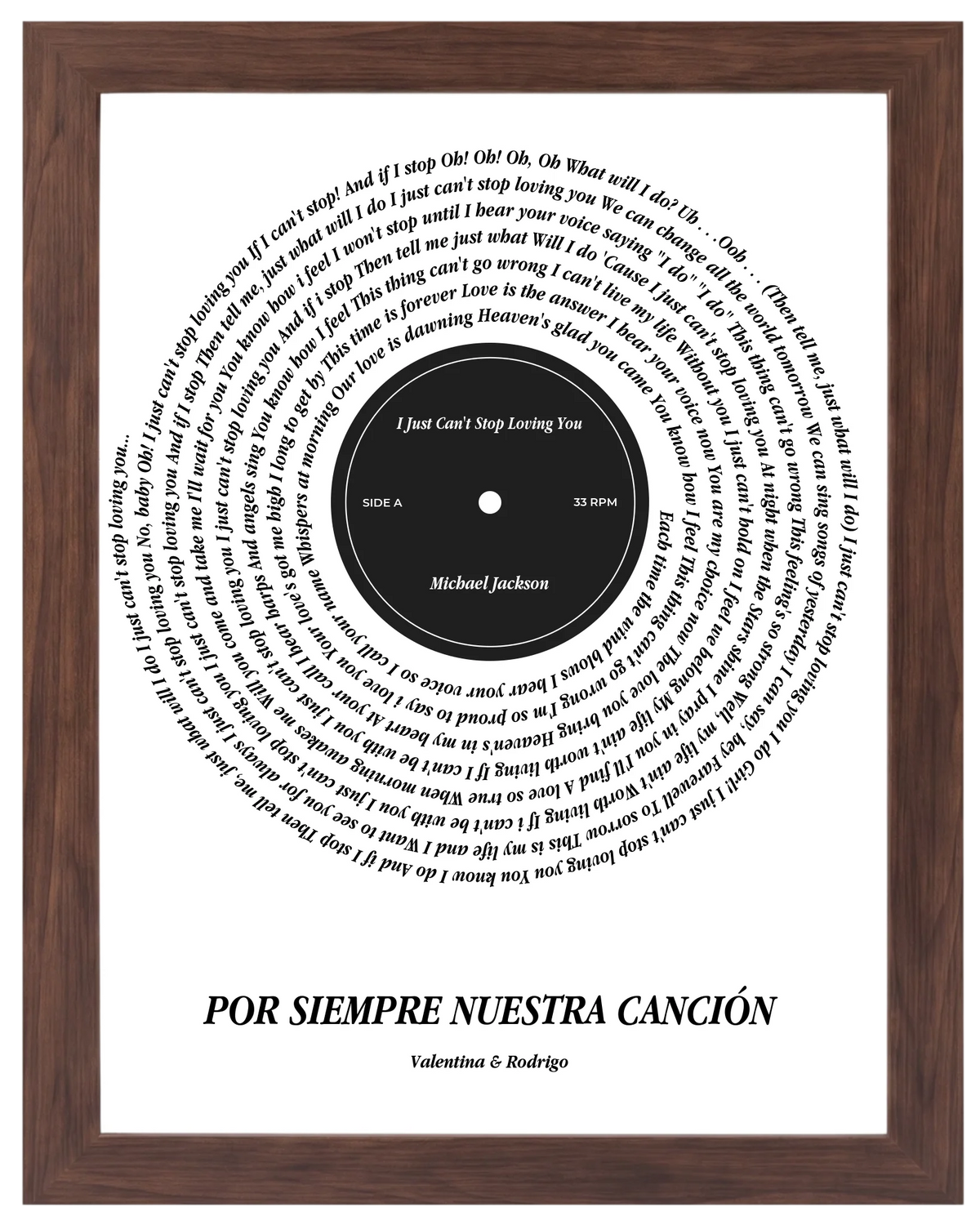 Lado A, cuadro de canción estilo vinilo con marco nogal