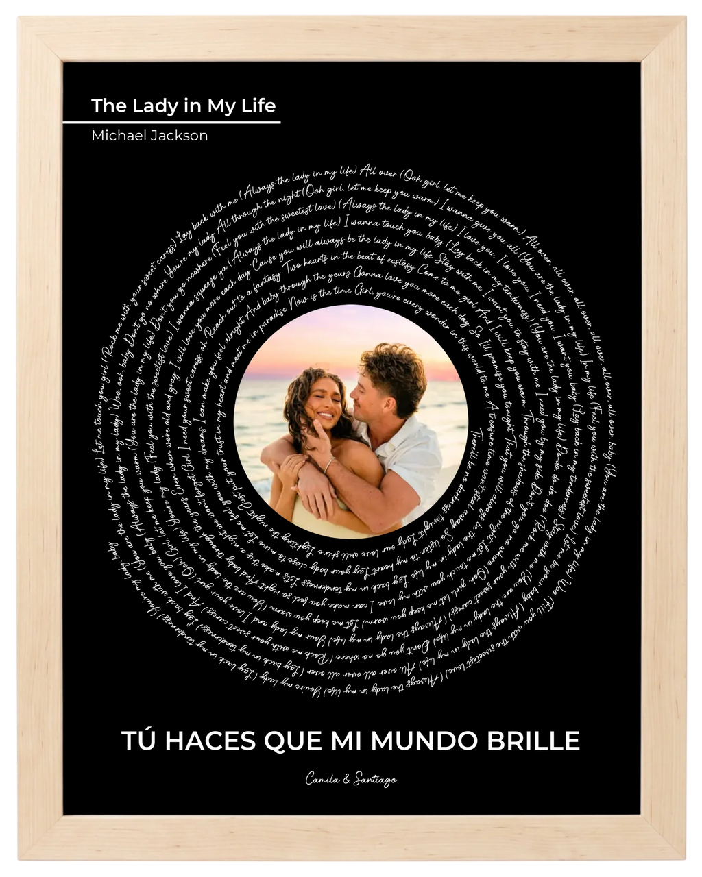 Nuestra Melodía, cuadro de canción con foto y frase, marco maple