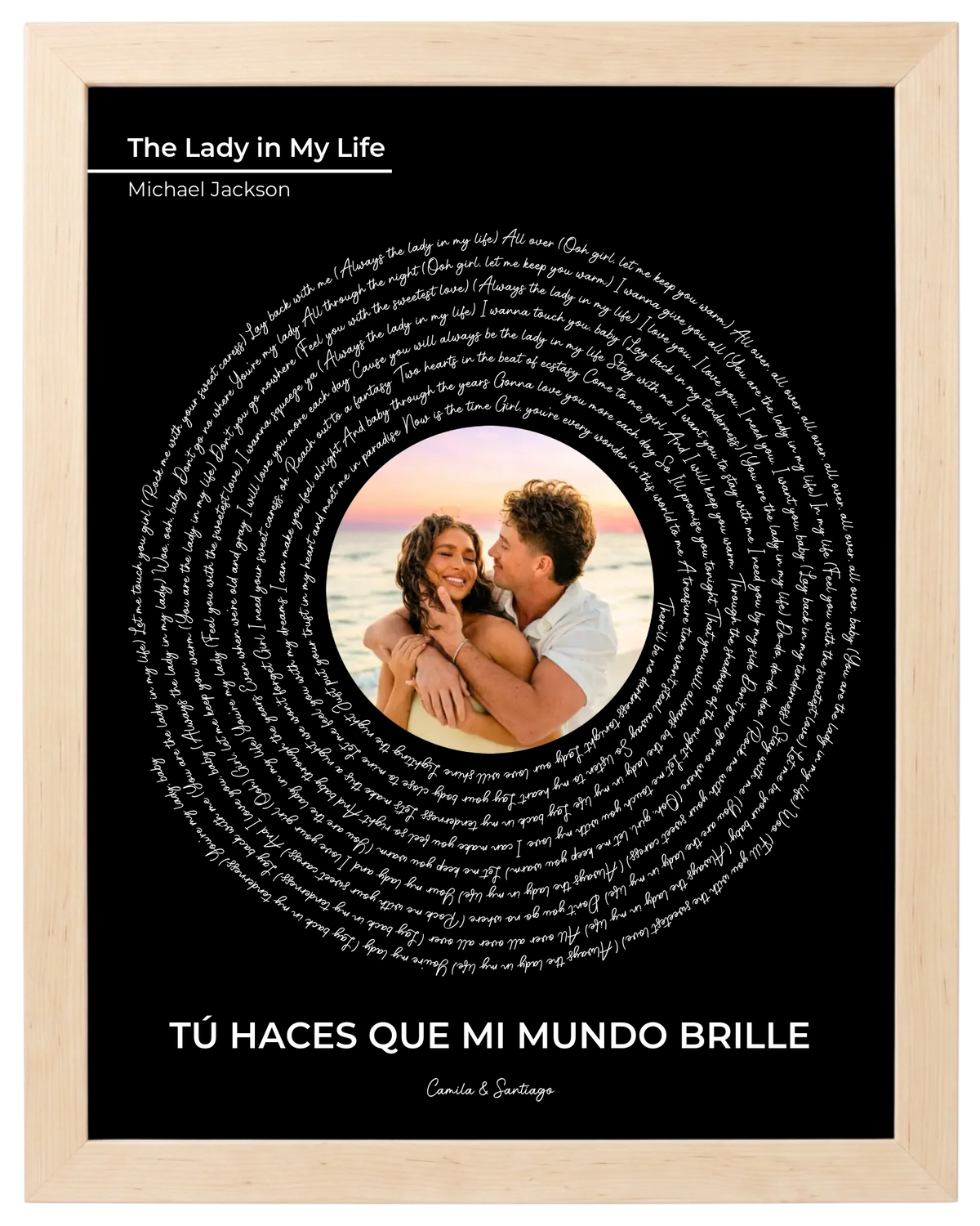 Nuestra Melodía, cuadro de canción con foto y frase, marco maple