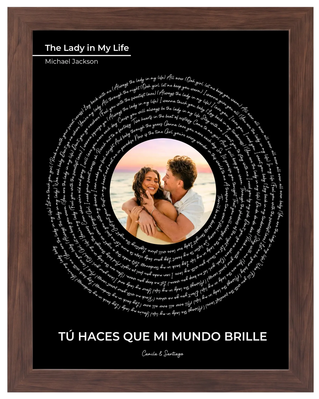 Nuestra Melodía, cuadro de canción con foto y frase, marco nogal