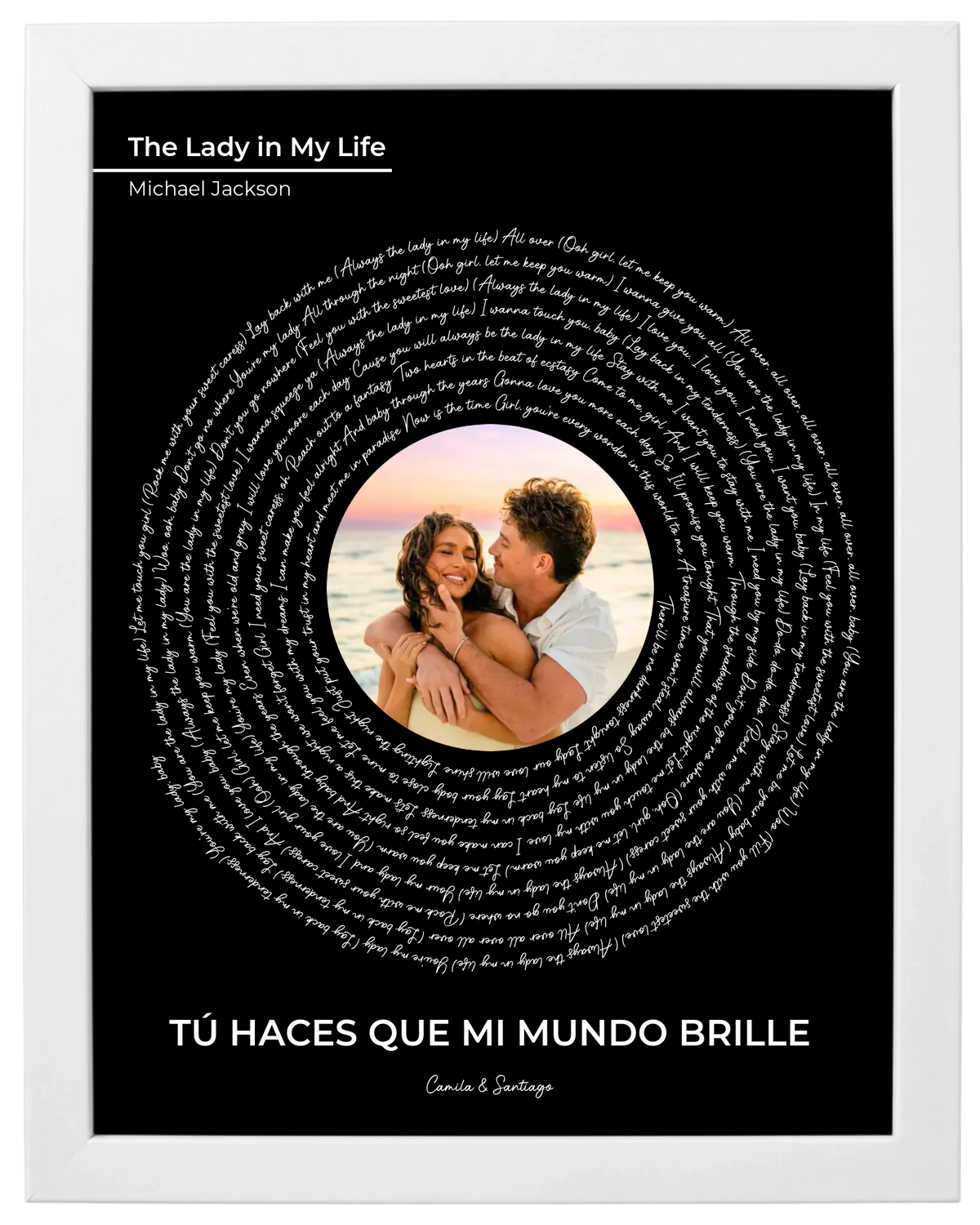 Nuestra Melodía, cuadro de canción con foto y frase, marco blanco