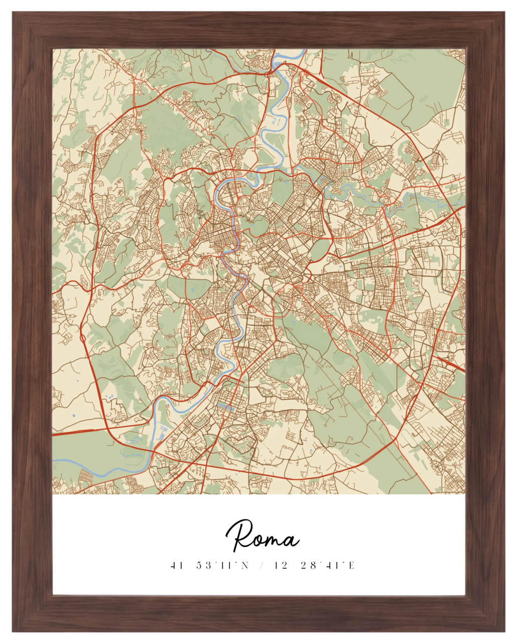 Coordenadas del Corazón, mapa de ciudad con coordenadas y marco nogal