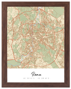 Coordenadas del Corazón, mapa de ciudad con coordenadas y marco nogal