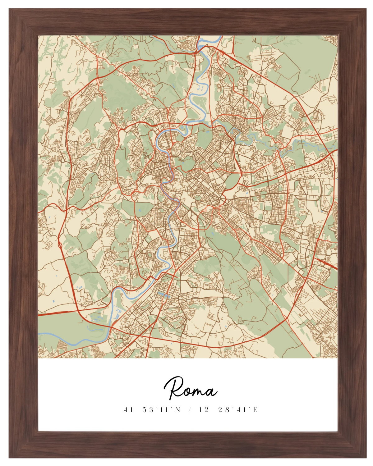 Coordenadas del Corazón, mapa de ciudad con coordenadas y marco nogal