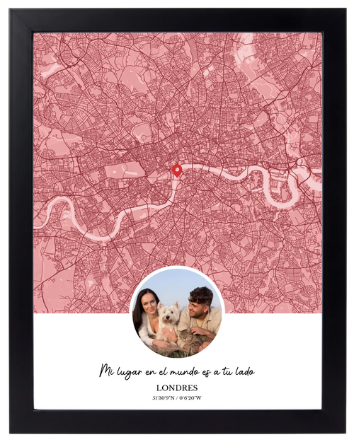 Ciudad y Recuerdo, mapa de ciudad con foto y marco negro