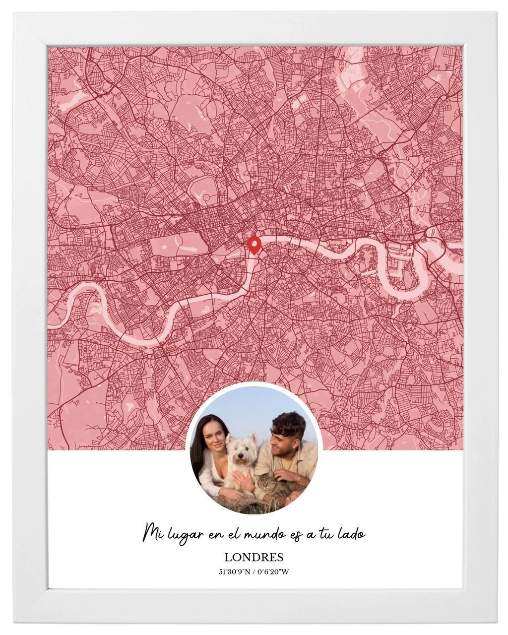 Ciudad y Recuerdo, mapa de ciudad con foto y marco blanco