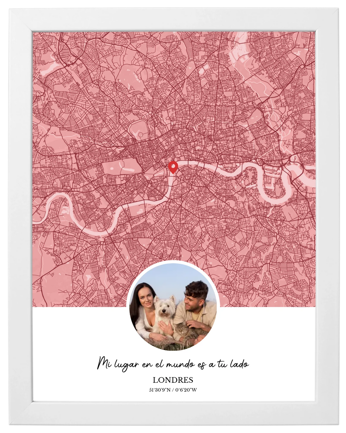 Ciudad y Recuerdo, mapa de ciudad con foto y marco blanco