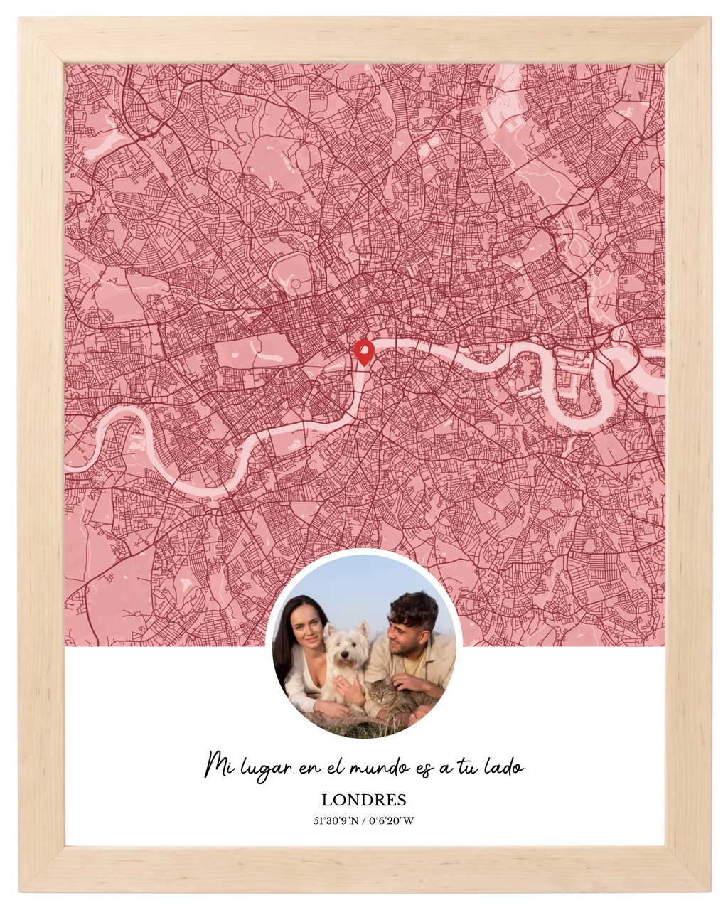 Ciudad y Recuerdo, mapa de ciudad con foto y marco maple