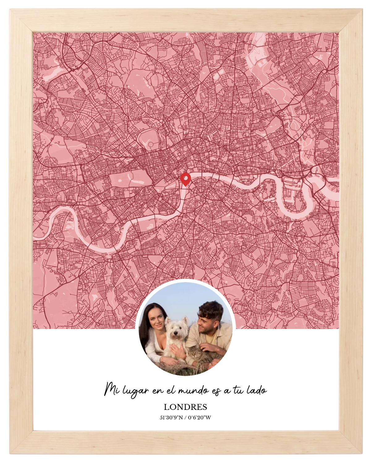 Ciudad y Recuerdo, mapa de ciudad con foto y marco maple