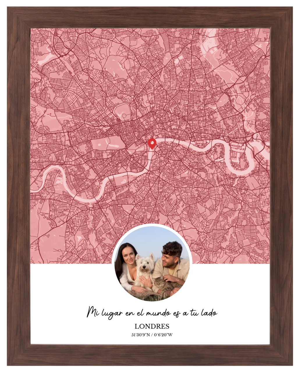 Ciudad y Recuerdo, mapa de ciudad con foto y marco nogal