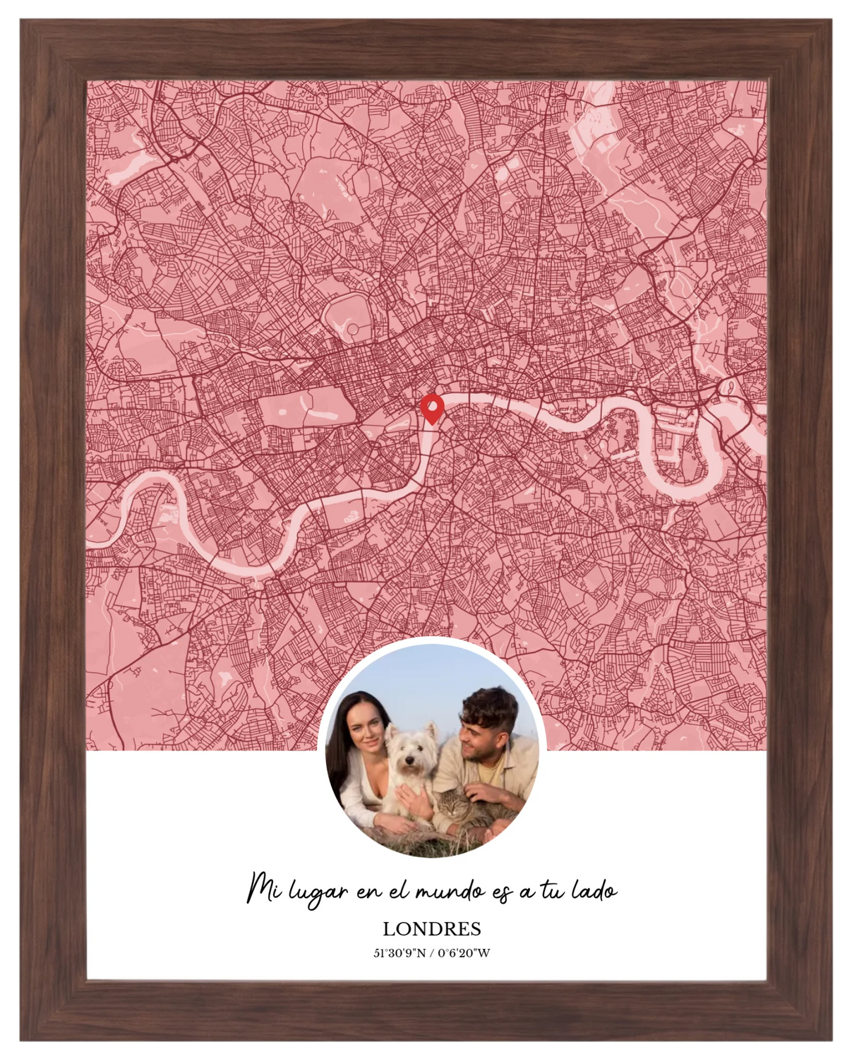 Ciudad y Recuerdo, mapa de ciudad con foto y marco nogal