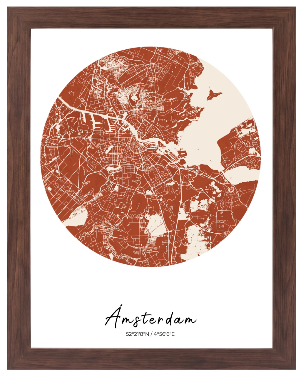 Órbita Urbana, mapa de ciudad circular con marco nogal