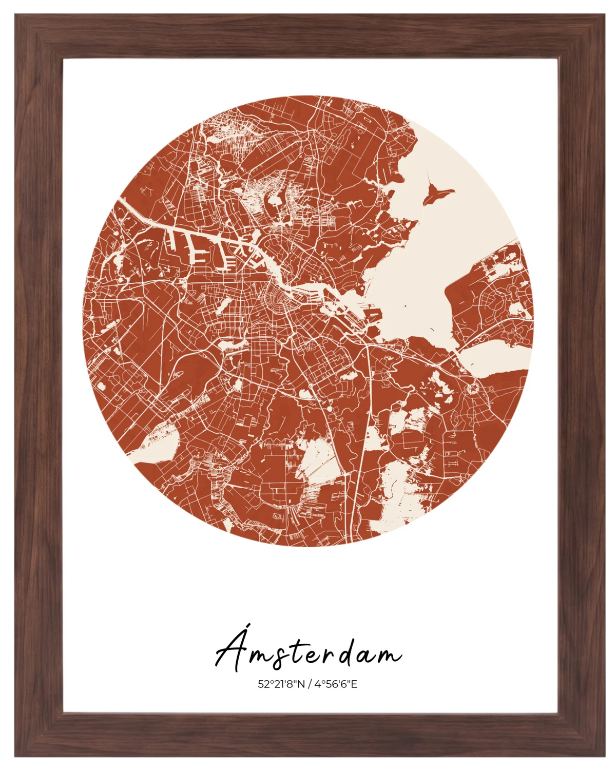 Órbita Urbana, mapa de ciudad circular con marco nogal
