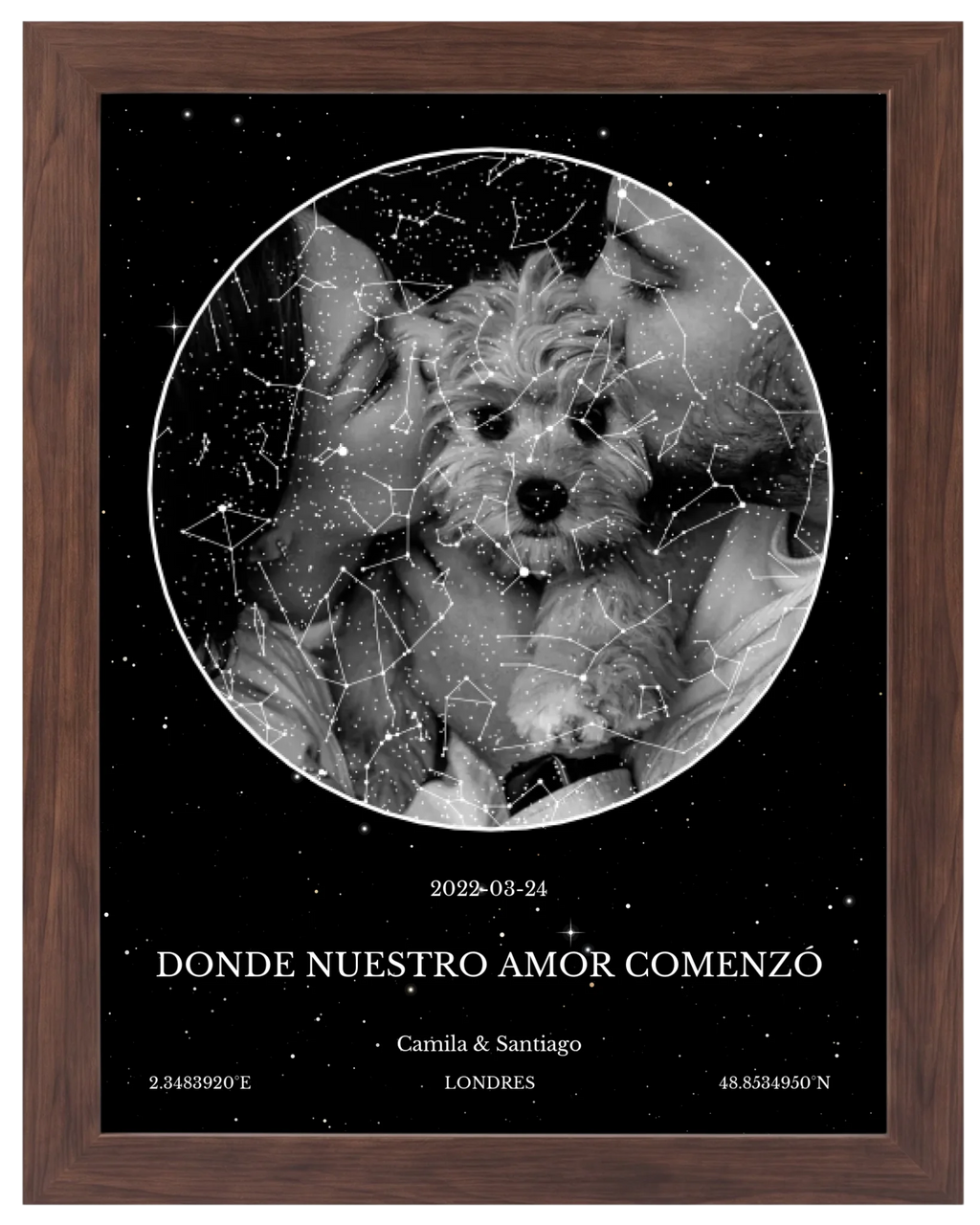 Recuerdo Estelar, mapa de estrellas con foto y marco nogal