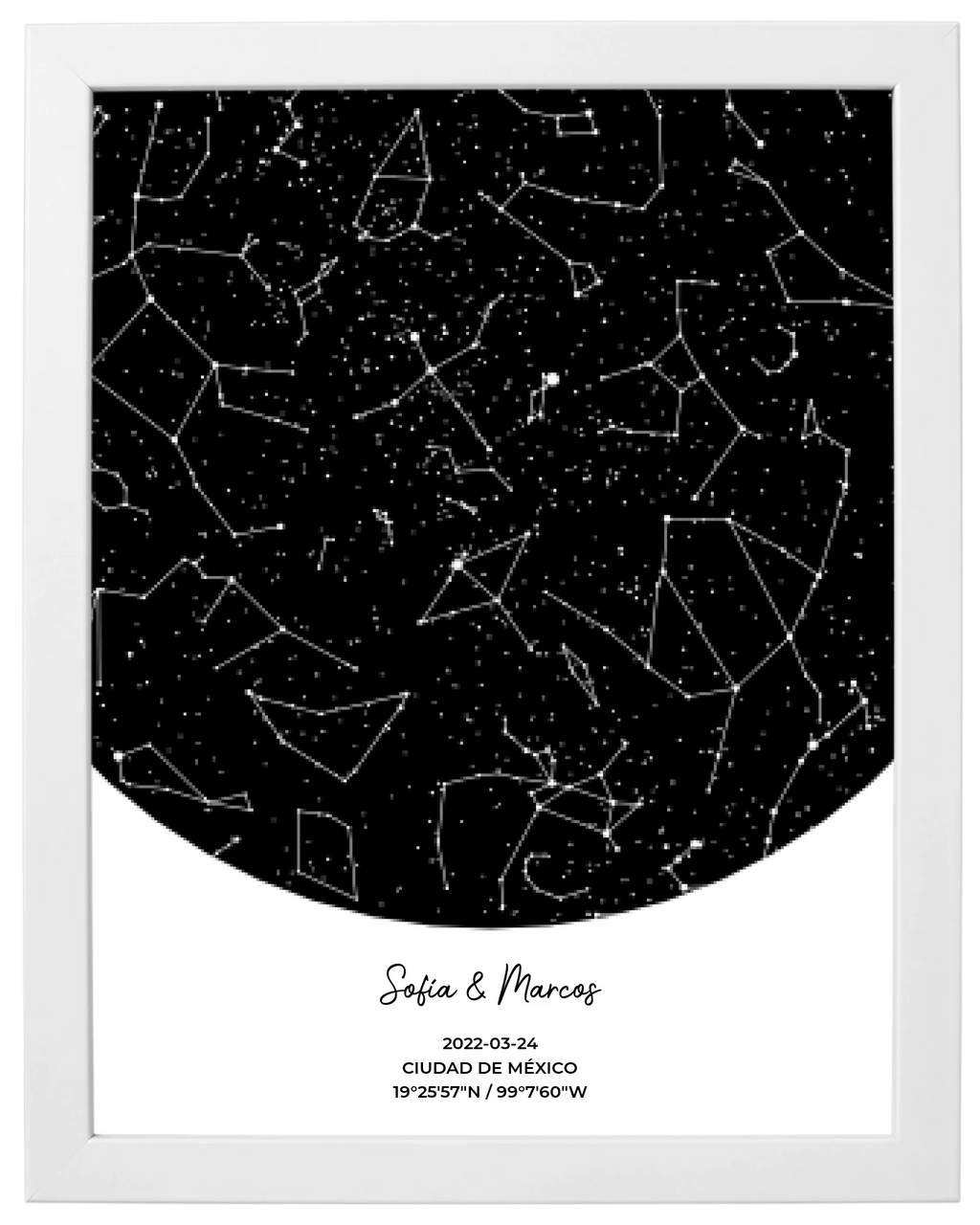 Postal Estelar, mapa de estrellas personalizado con marco blanco
