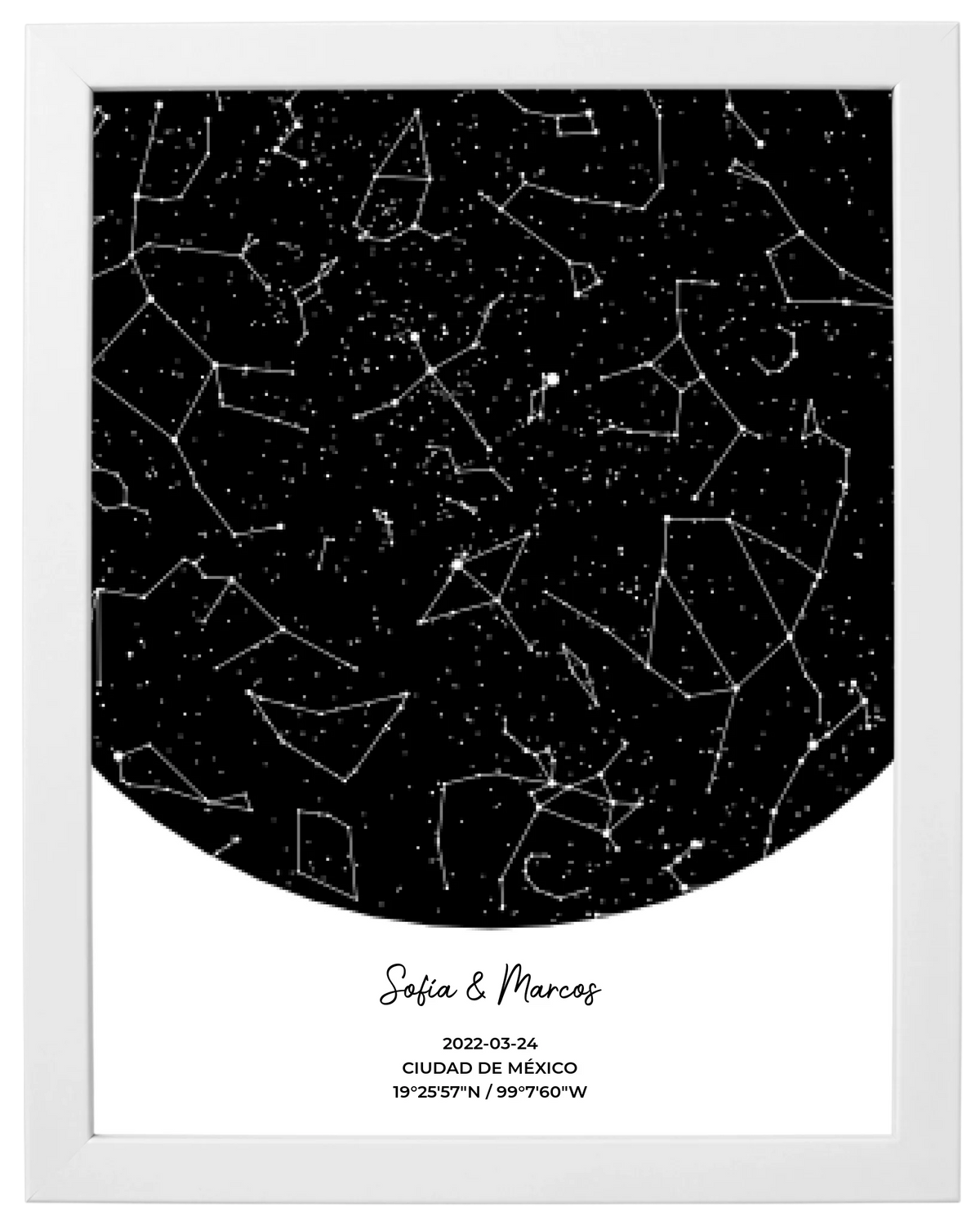 Postal Estelar, mapa de estrellas personalizado con marco blanco