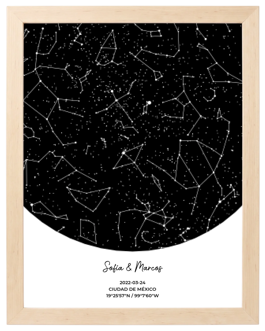 Postal Estelar, mapa de estrellas personalizado con marco maple
