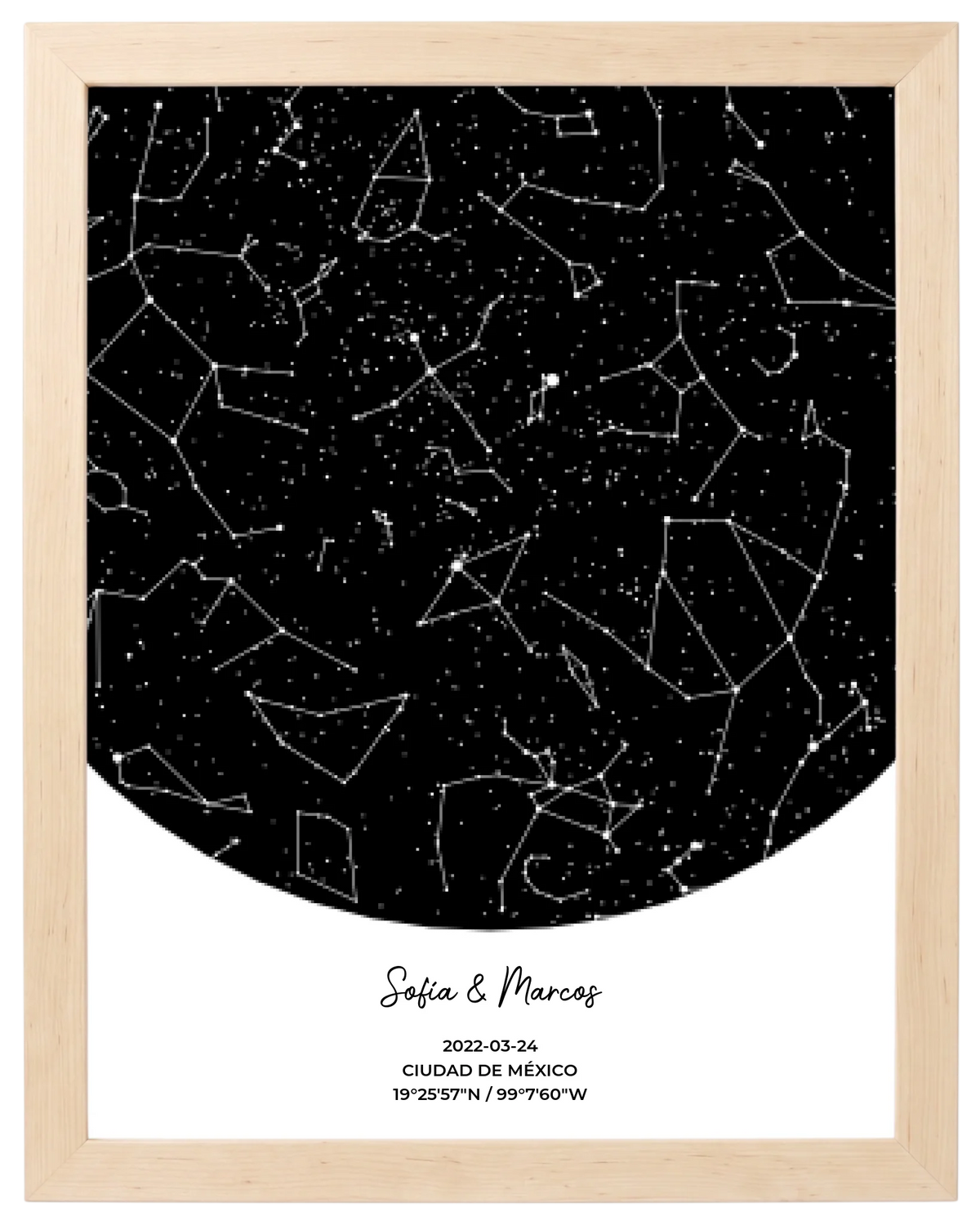 Postal Estelar, mapa de estrellas personalizado con marco maple