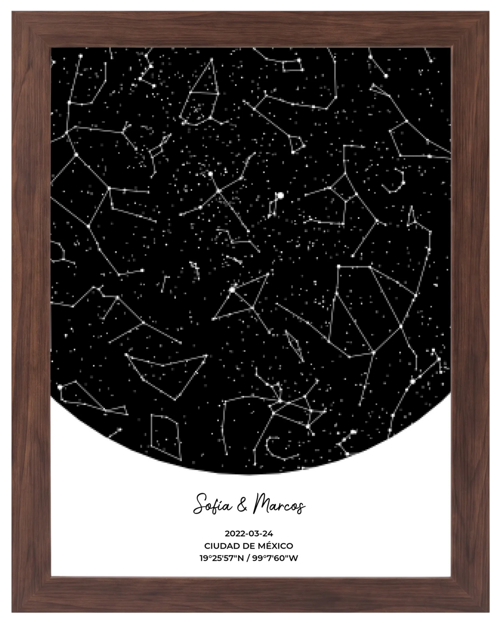 Postal Estelar, mapa de estrellas personalizado con marco nogal