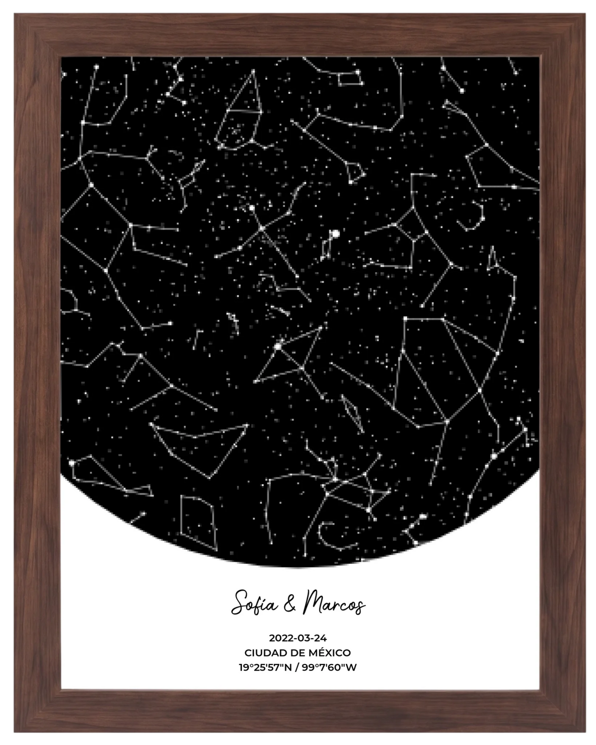 Postal Estelar, mapa de estrellas personalizado con marco nogal