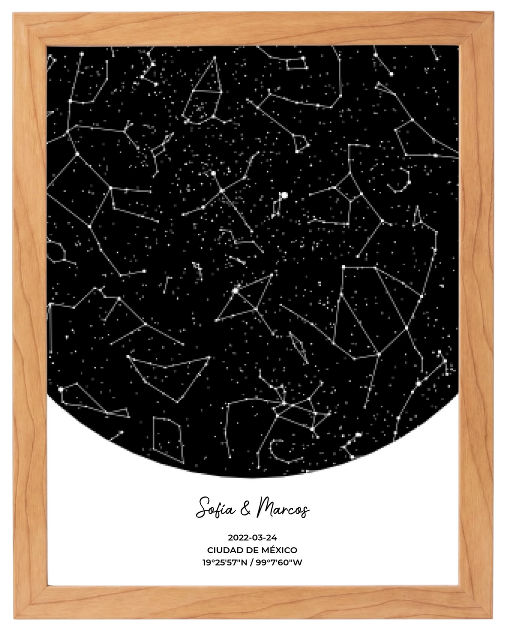 Postal Estelar, mapa de estrellas personalizado con marco haya
