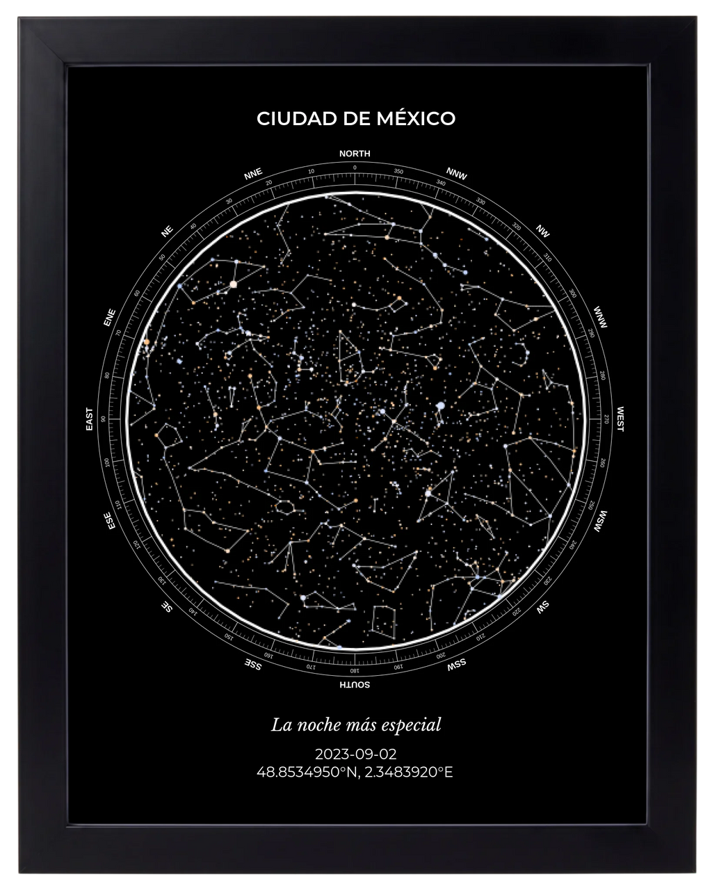 Estrellas de Colores, mapa estelar personalizado con marco negro