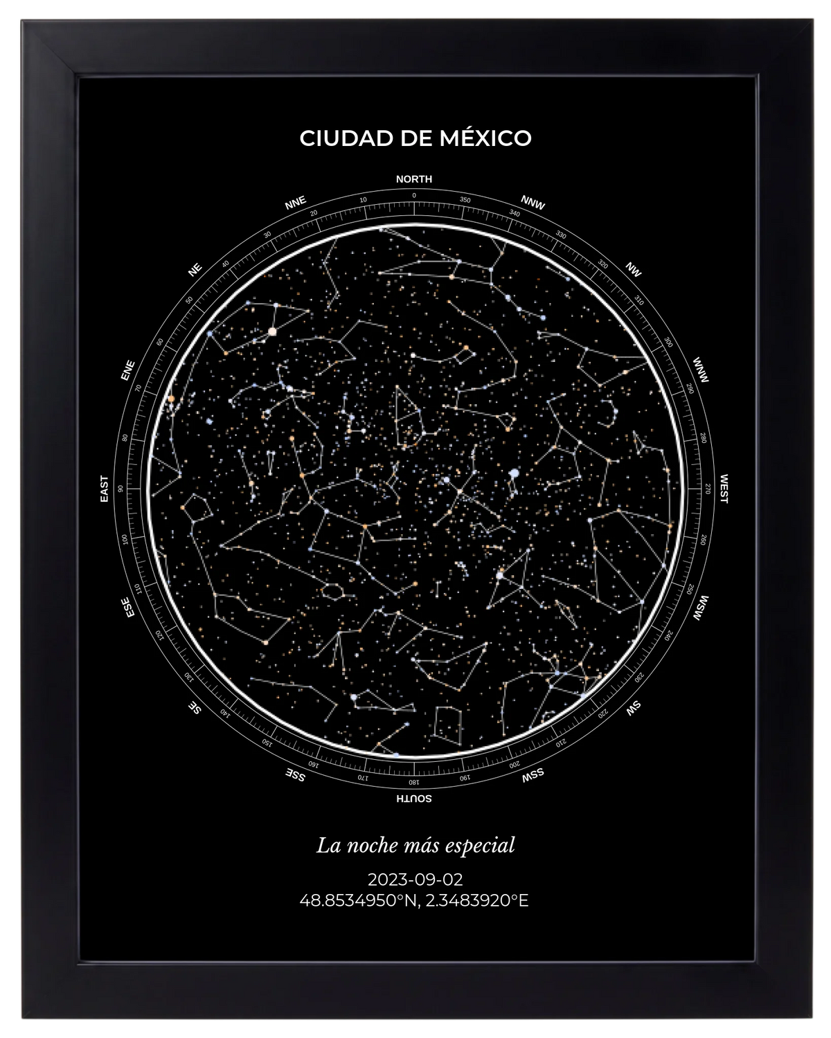 Estrellas de Colores, mapa estelar personalizado con marco negro