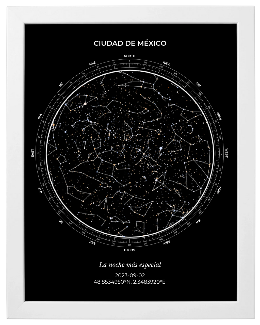 Estrellas de Colores, mapa estelar personalizado con marco blanco
