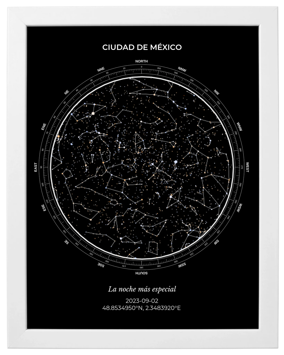 Estrellas de Colores, mapa estelar personalizado con marco blanco