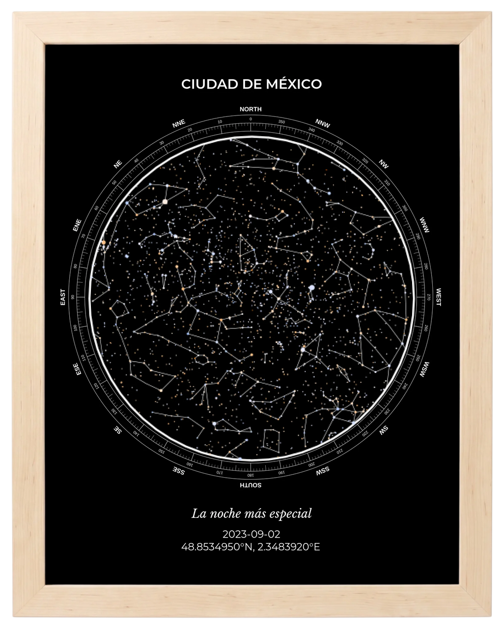 Estrellas de Colores, mapa estelar personalizado con marco maple