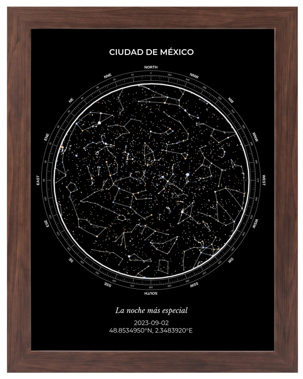 Estrellas de Colores, mapa estelar personalizado con marco nogal