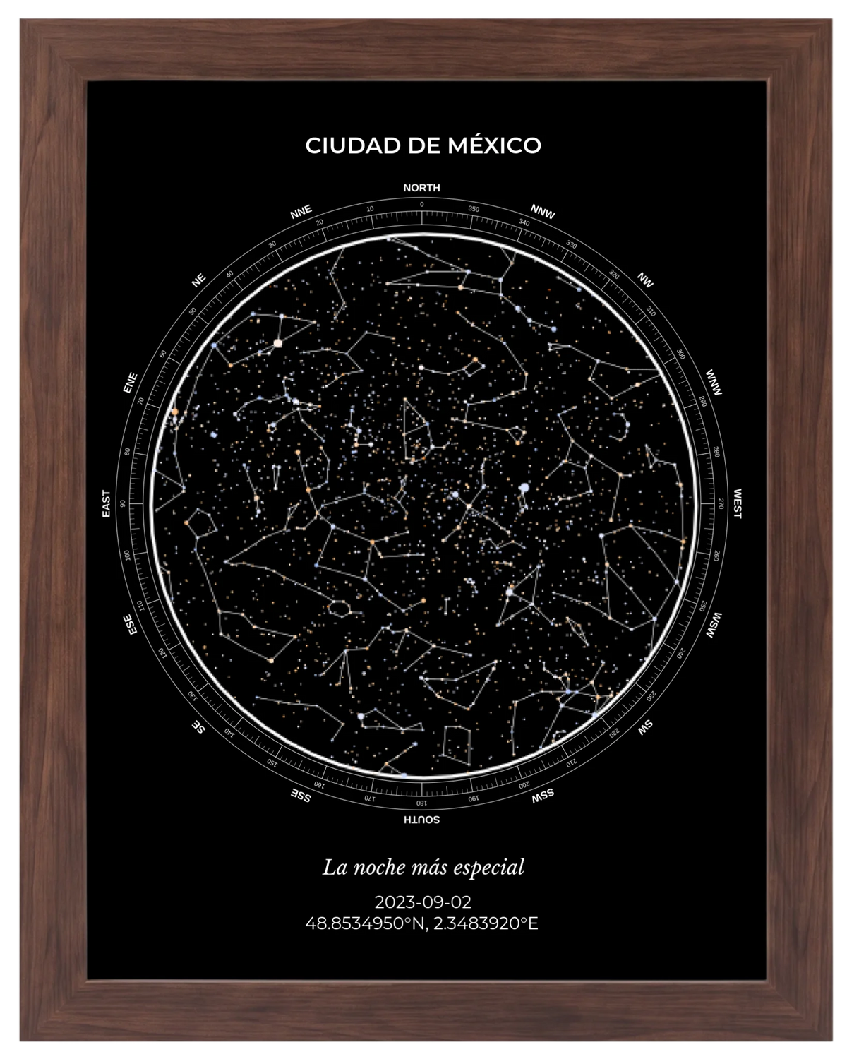 Estrellas de Colores, mapa estelar personalizado con marco nogal