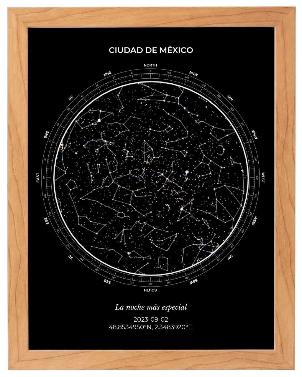 Estrellas de Colores, mapa estelar personalizado con marco haya