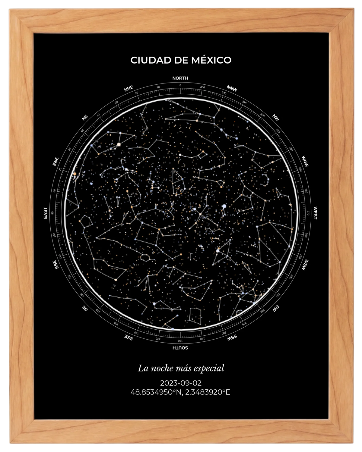 Estrellas de Colores, mapa estelar personalizado con marco haya