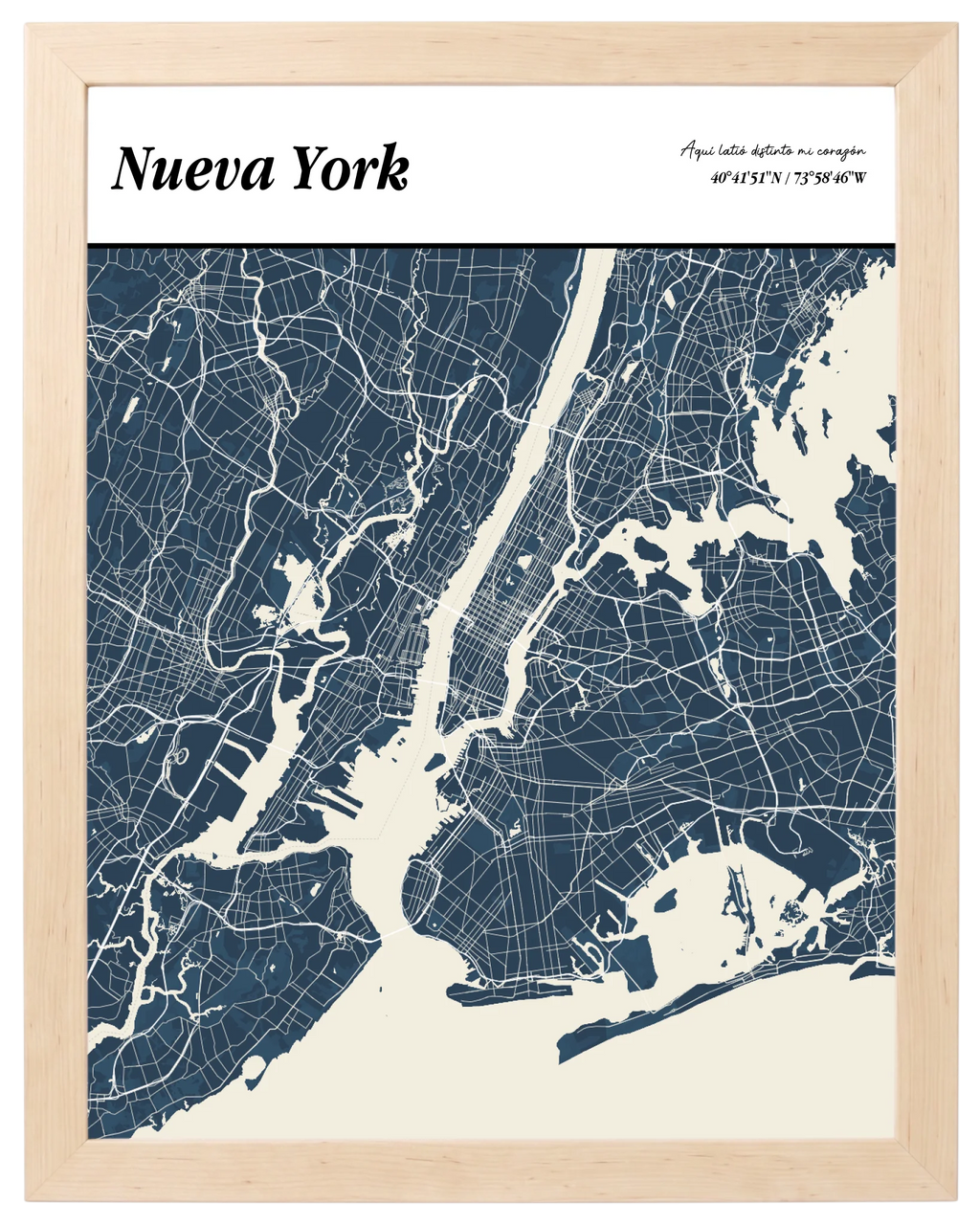 Portada de Ciudad, mapa de ciudad estilo revista con marco maple