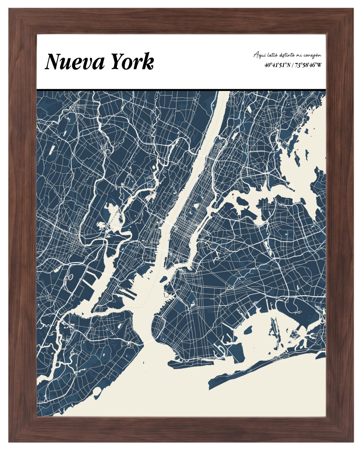 Portada de Ciudad, mapa de ciudad estilo revista con marco nogal