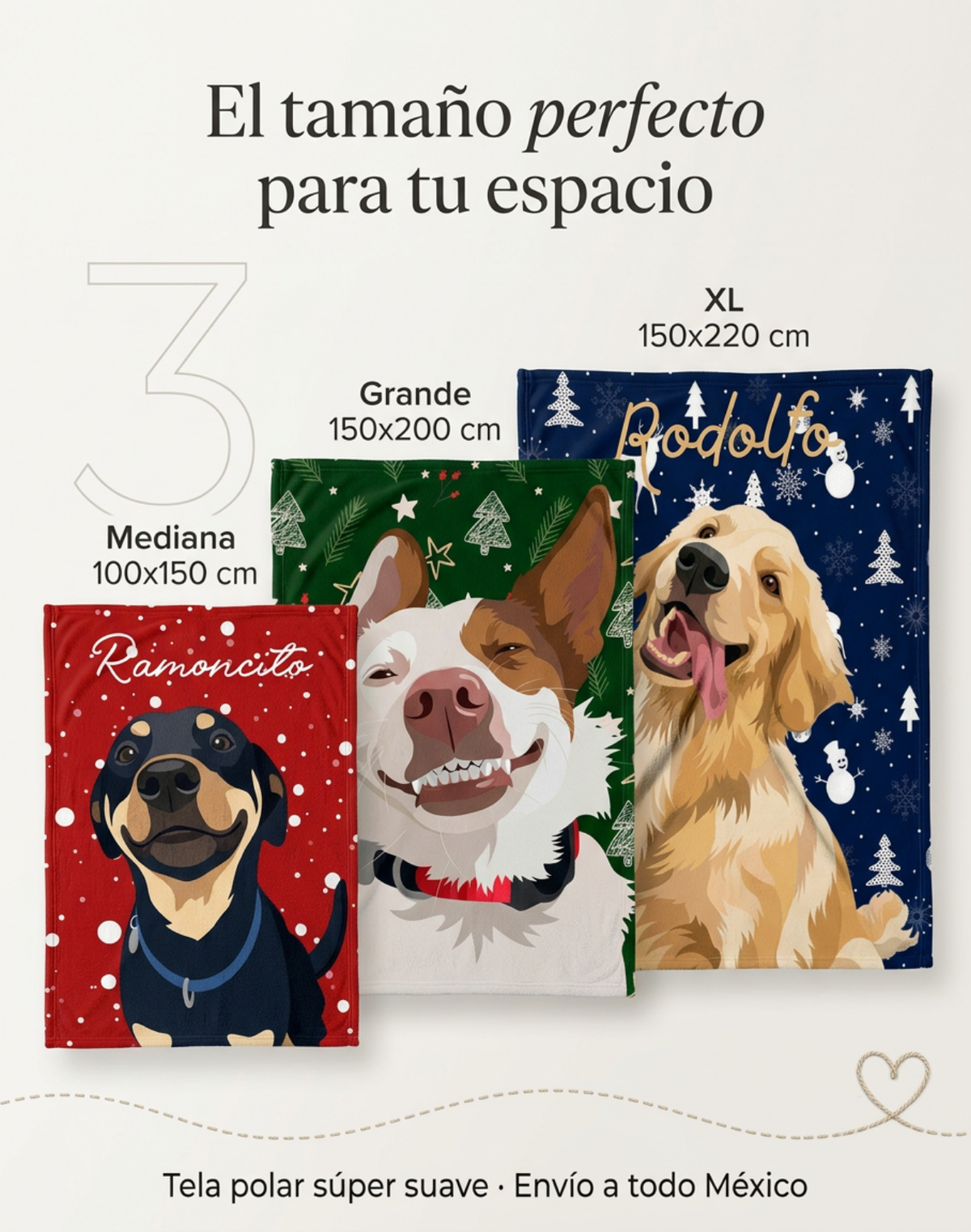 Tamaños de la frazada con retrato de mascota: Mediana 100 × 150 cm, Grande 150 × 200 cm y XL 150 × 220 cm