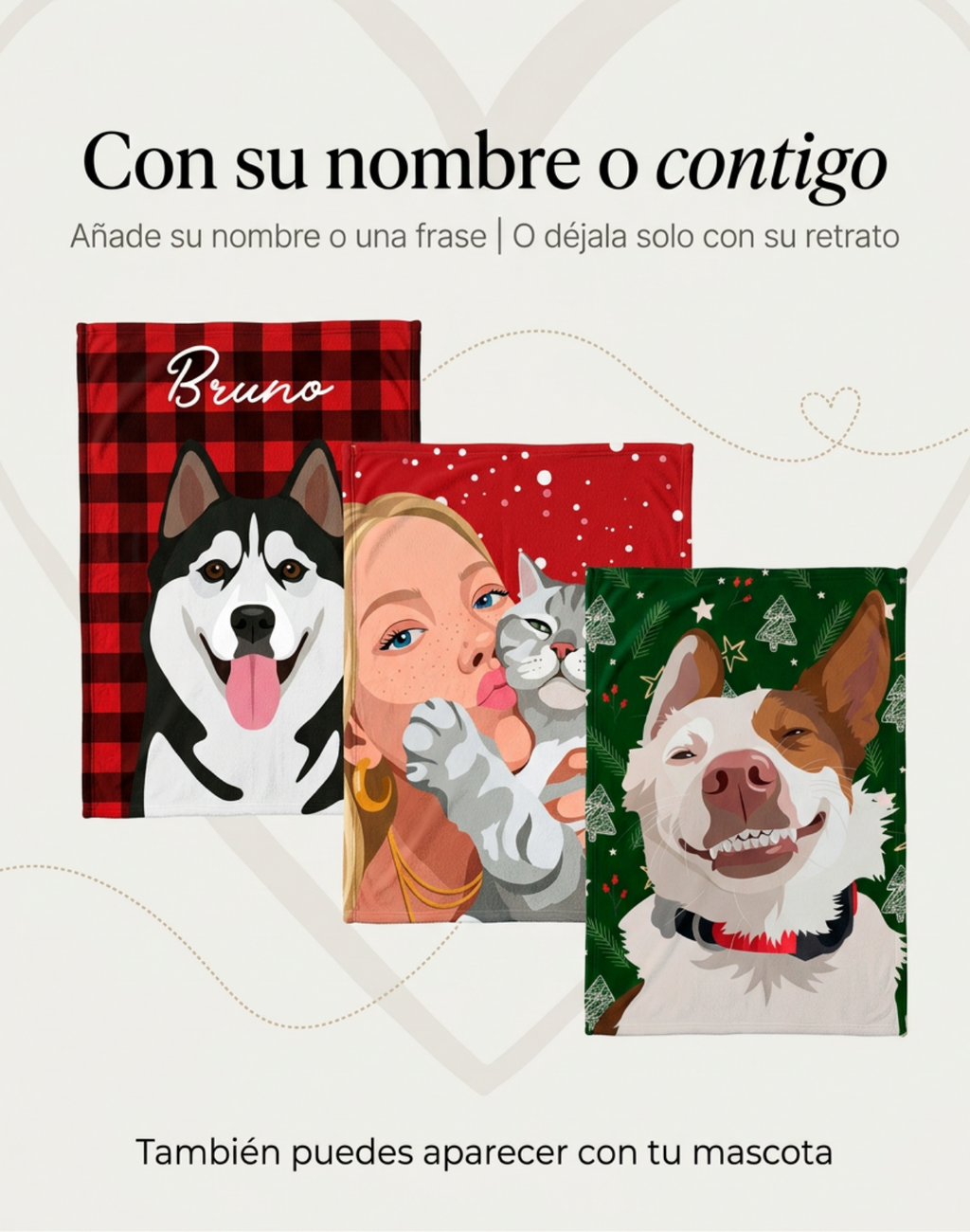 Frazadas con retrato ilustrado: un husky con su nombre, una mujer con su gato y un perro sobre fondo navideño verde