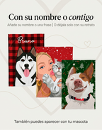 Frazadas con retrato ilustrado: un husky con su nombre, una mujer con su gato y un perro sobre fondo navideño verde