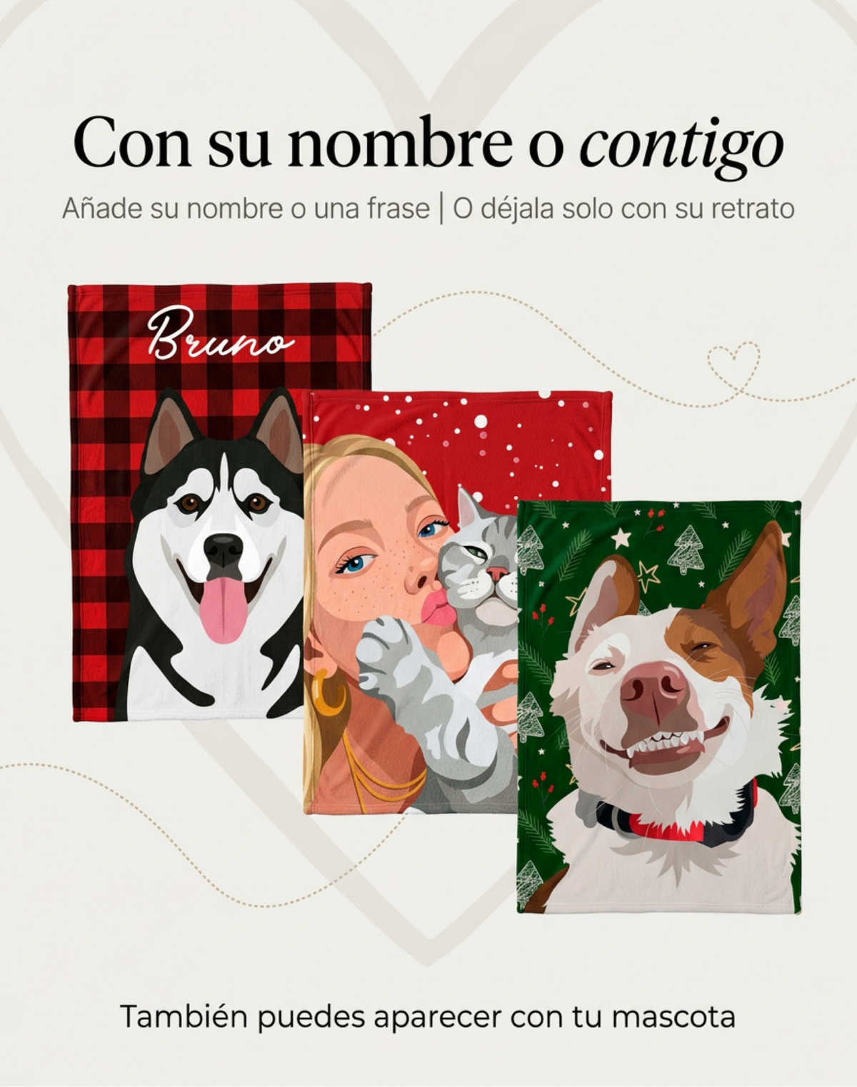 Frazadas con retrato ilustrado: un husky con su nombre, una mujer con su gato y un perro sobre fondo navideño verde