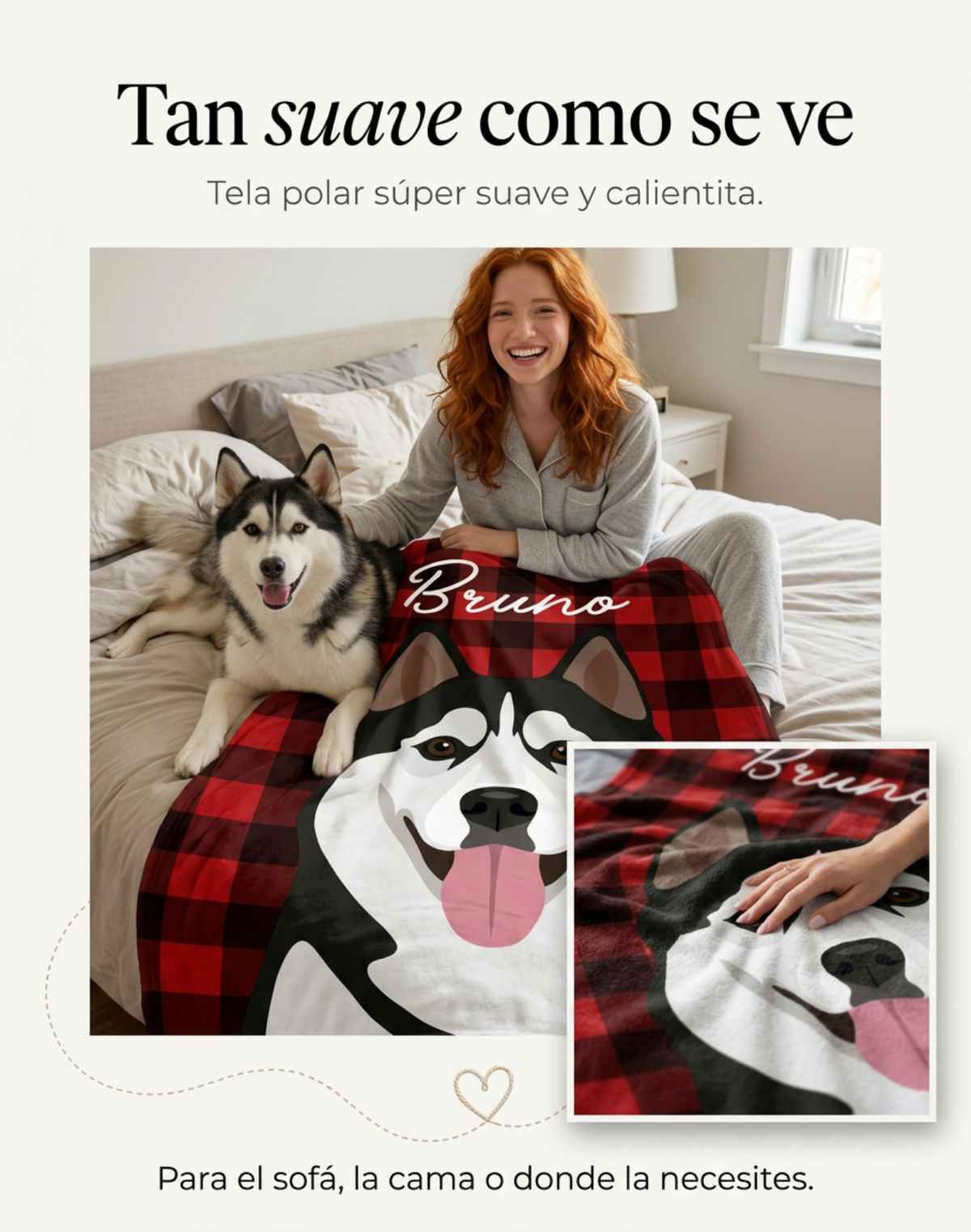 Mujer en su cama con su husky y la frazada personalizada con su retrato y su nombre