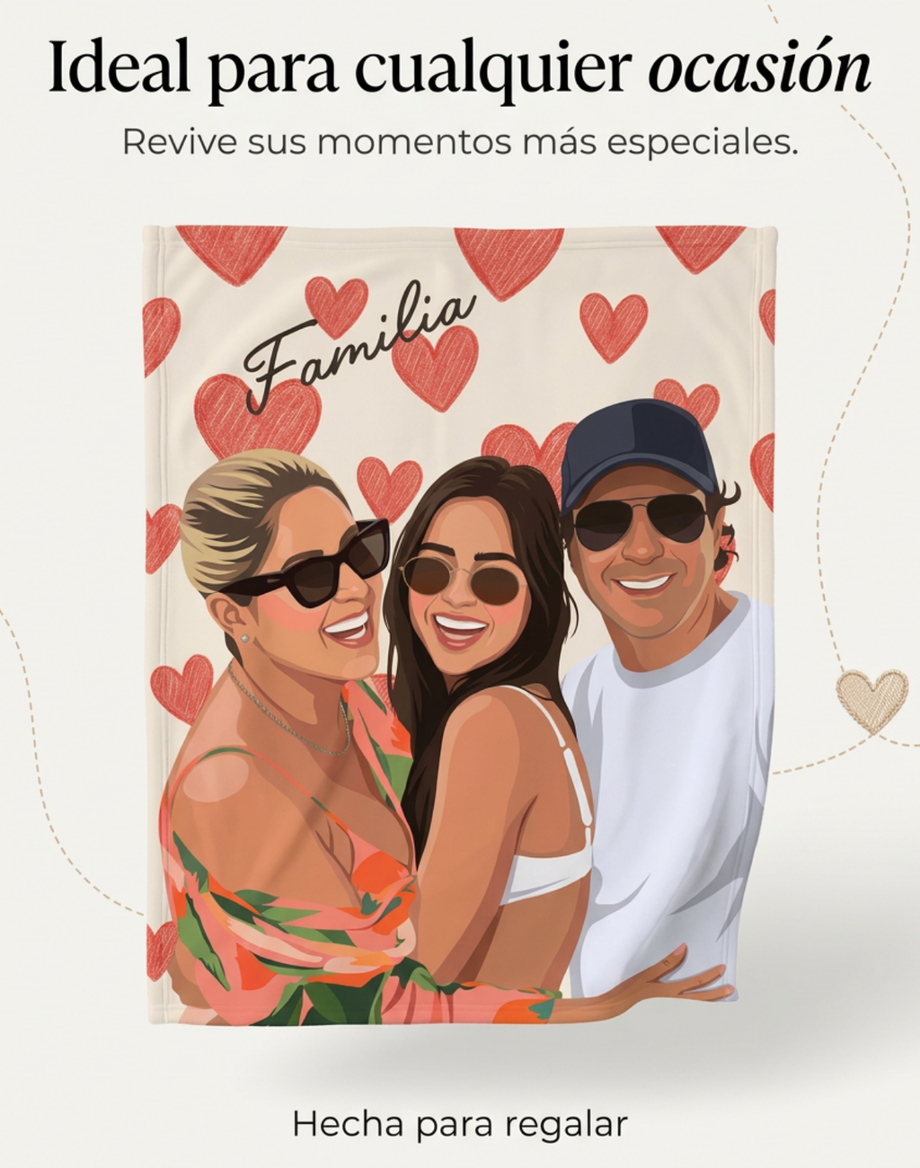 Frazada personalizada con el retrato ilustrado de una familia de tres y la palabra Familia, sobre fondo de corazones