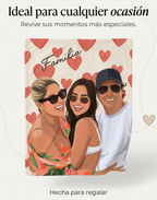 Frazada personalizada con el retrato ilustrado de una familia de tres y la palabra Familia, sobre fondo de corazones