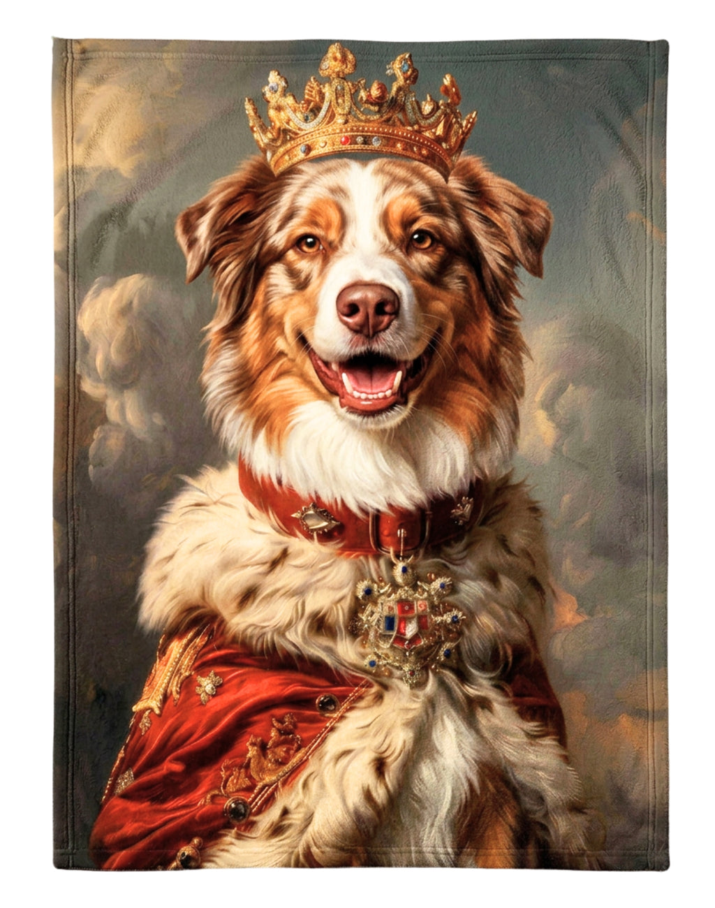 Frazada personalizada con el retrato de un perro pastor australiano como rey, con corona dorada y capa roja de armiño