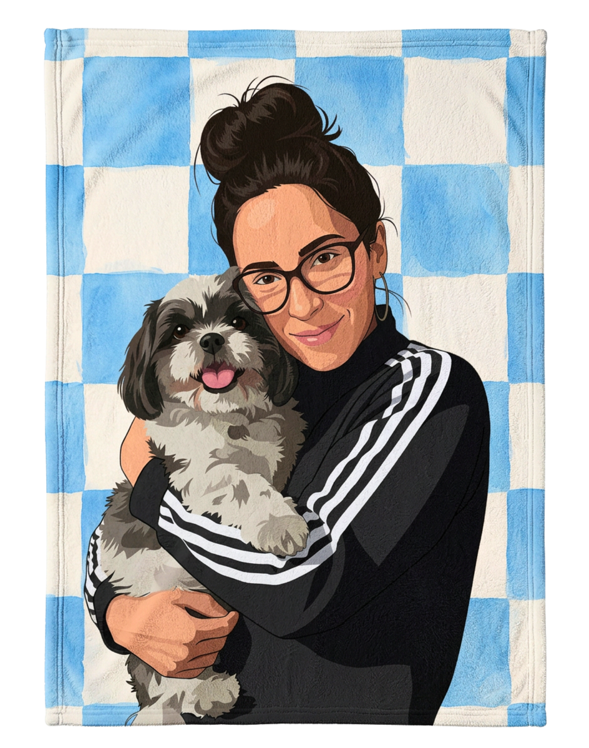 Frazada personalizada con el retrato ilustrado de una mujer abrazando a su perro Shih Tzu, sobre fondo de cuadros azules