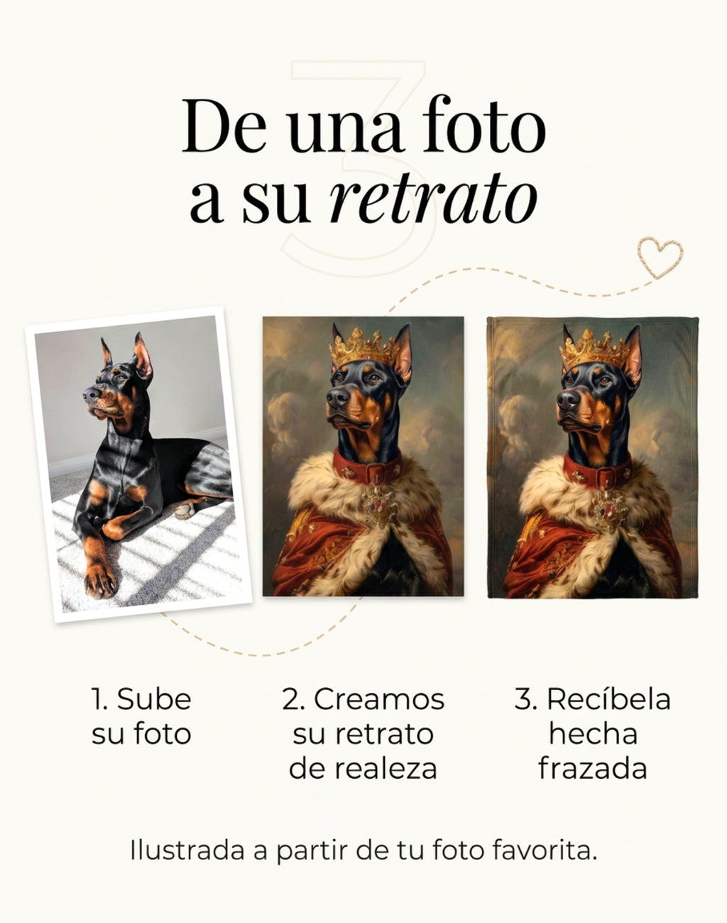 De la foto al retrato: foto de un doberman, su retrato de realeza con corona y la frazada terminada