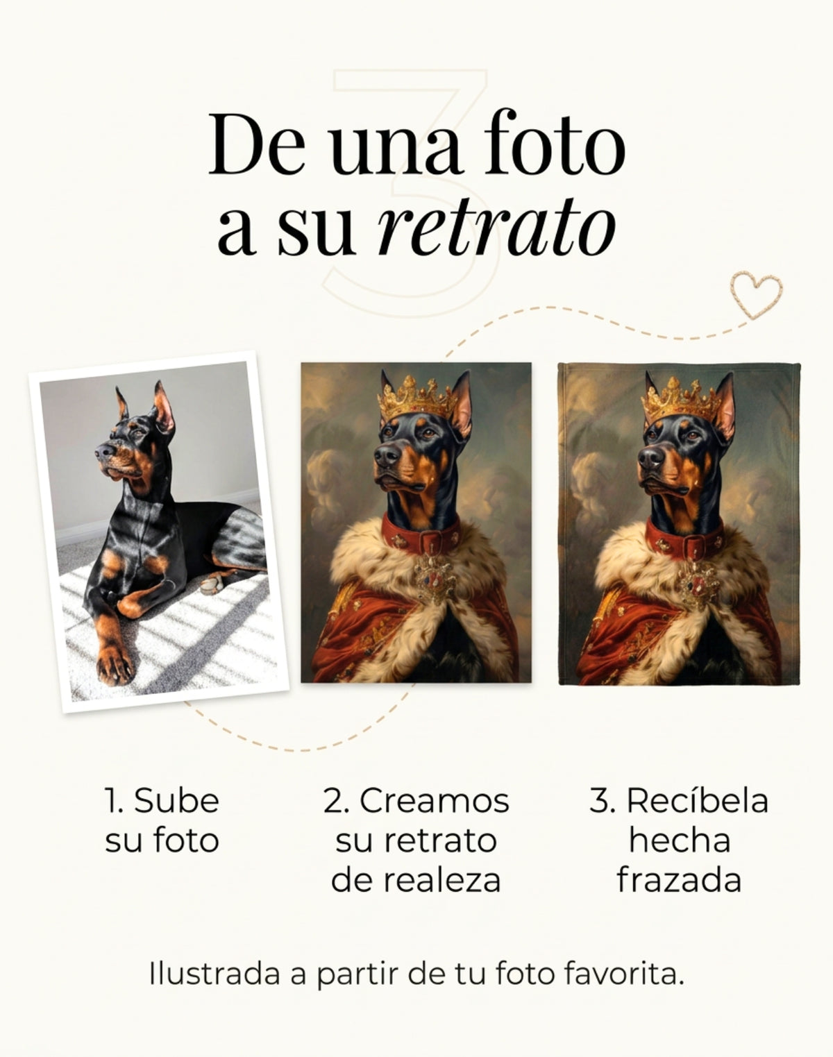 De la foto al retrato: foto de un doberman, su retrato de realeza con corona y la frazada terminada